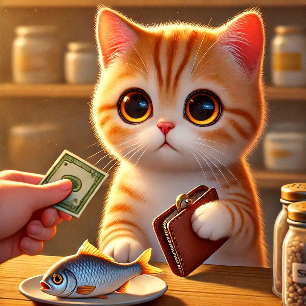 DALLE_2024-09-03_17_42_47_-_A_cute_orange_kitten_with_large_expressive_eyes_is_sitting_in_front_of_a_shop_counter__The_kitten_is_holding_a_wallet_in_one_paw_and_is_handing_money.webp